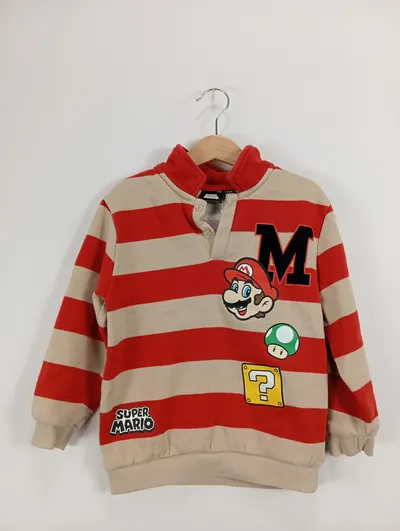 Super Mario Kinder Pullover Gr. 128 Mehrfarbig Gestreift mit Logo