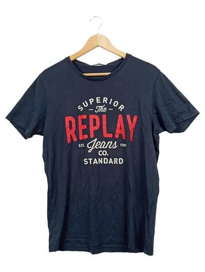 Replay Herren T-Shirt Logo Print Blau Gr. 48/M Casual Baumwolle