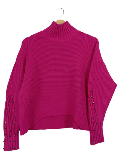 Passioni Damen Rollkragenpullover Pink Gr. S Nieten Rippstrick Oversized