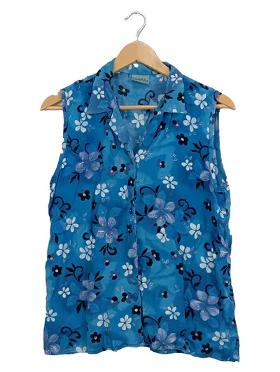 DeVille Damen Bluse ärmellos Gr. 44 XXL Blau Blumenmuster Casual