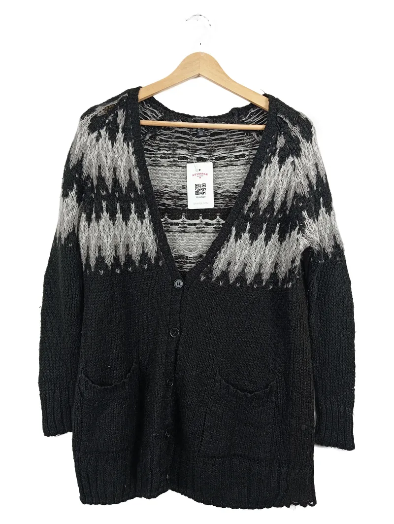 MANGO Casual Strickjacke Damen Gr. S Norwegermuster Schwarz Grau 1