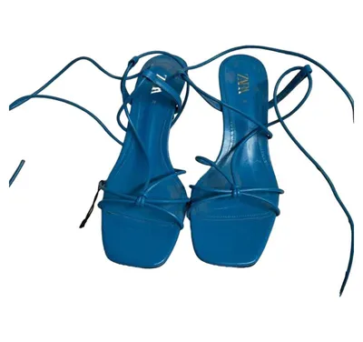 ZARA Damen Sandaletten Türkis Gr. 38 Schnürung Riemchen High Heels Elegant