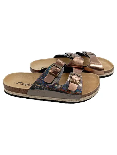 Camprella Damen Pantoletten Gr. 40 Glitzer Multicolor Kork Fußbett Leder