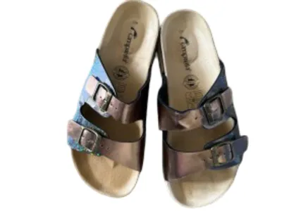 Camprella Damen Pantoletten Gr. 40 Glitzer Multicolor Kork Fußbett Leder
