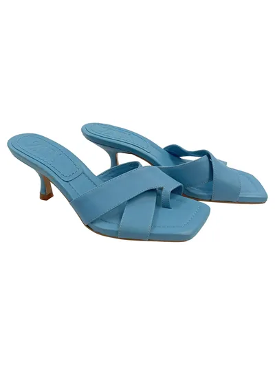 ZARA Damen Sandaletten Mules Gr. 38 Blau Kitten Heel Leder Elegant