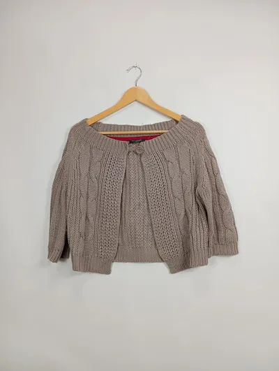 Broadway Damen Strickjacke Bolero Gr. 40 Beige Zopfstrickmuster