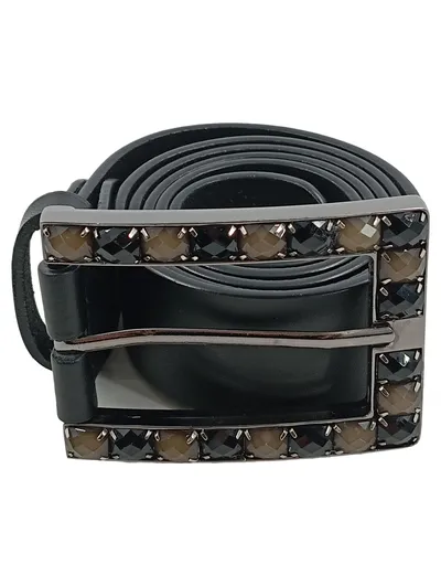 Killah Damen Gürtel Leder Schwarz Strass-Schnalle Gr. 115 Glamourös