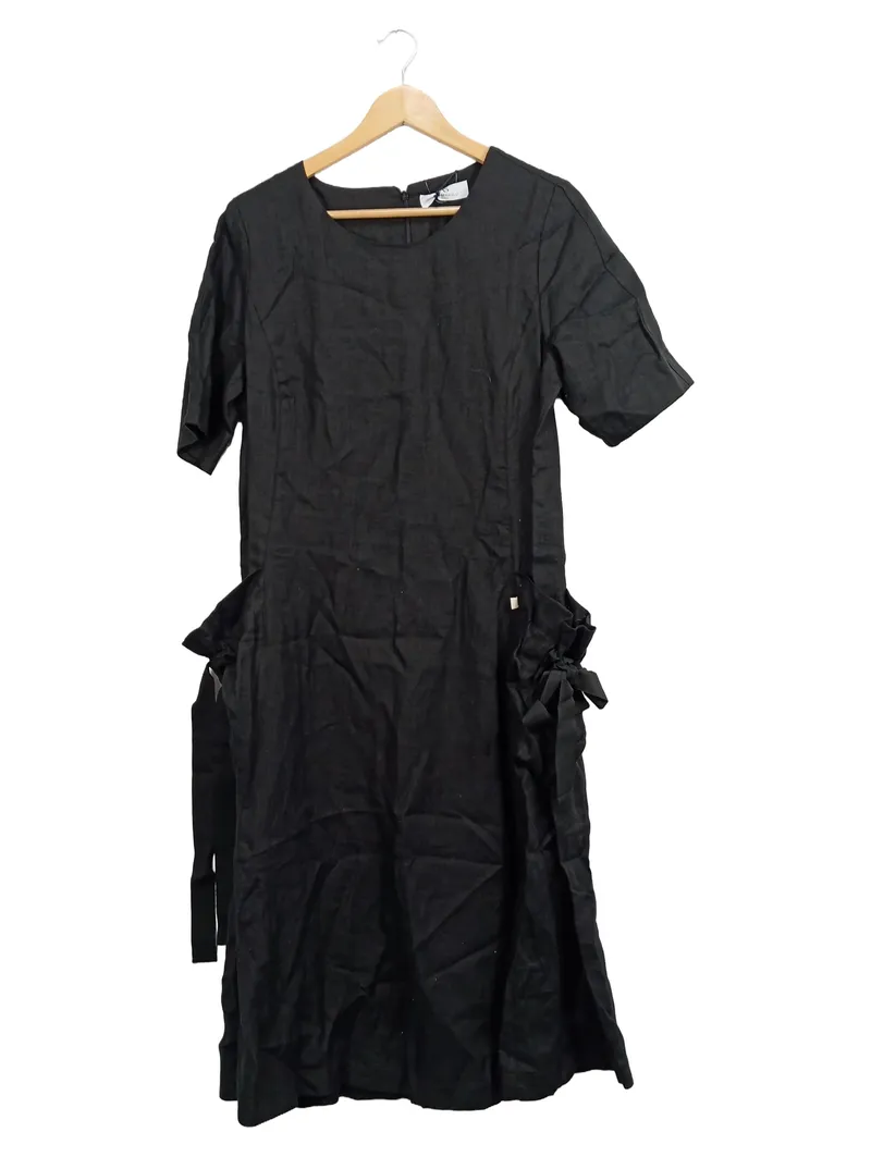 ANNA SERAVALLI Damen Freizeitkleid Gr. 40 L Schwarz Leinen Casual Schleifen 1