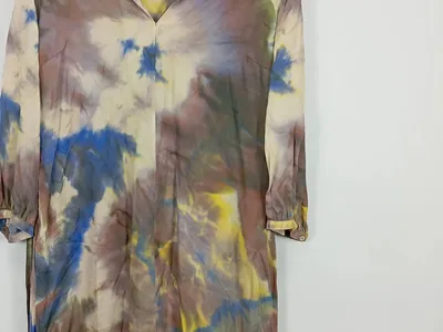 SET Damen Freizeitkleid Gr. 42/XL Batik Muster Mehrfarbig Viskose Seide