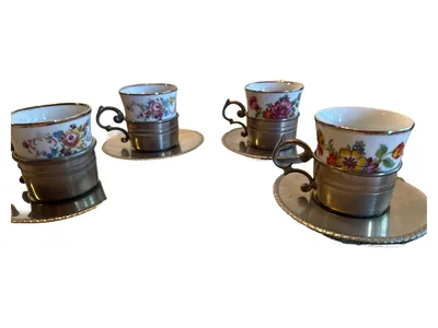 Bareuther Espressotasse Unterteller Set 4tlg Blumenmuster Porzellan Vintage