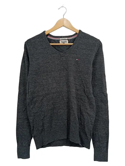 Tommy Hilfiger Denim Pullover Herren Gr. S V-Ausschnitt Grau Meliert