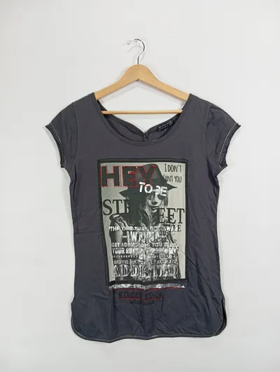 Blind Date Damen T-Shirt Gr. 36/S Grau Casual mit Grafischem Print & Glitzer