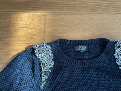Topshop Damen Pullover Gr. 40 Schwarz Perlenbesatz
