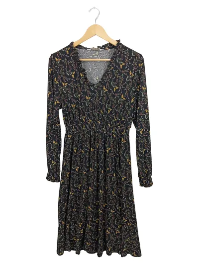 Apricot Damen Freizeitkleid Blumenmuster Gr. 38 Schwarz Langarm Rüschen