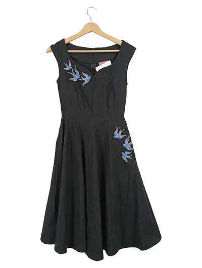 Pinup Couture Cocktailkleid Damen XS Schwarz Vintage Schwalben-Motiv