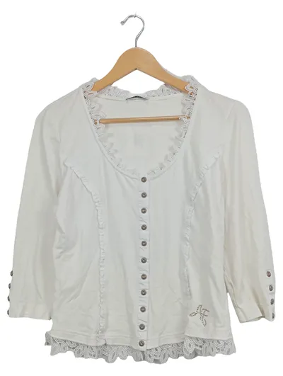 Airfield Damen Bluse Langarm Weiß Gr. 40 Spitze Rüschen Knopfleiste