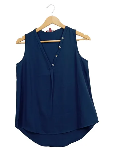 GUESS Damen Bluse Ärmellos Gr. S Blau V-Ausschnitt Zierknöpfe