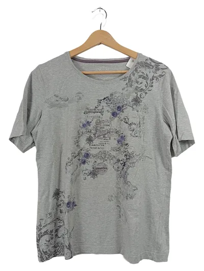 Adagio Damen T-Shirt Gr. 42/XL Grau Floraler Print Strass Viskose
