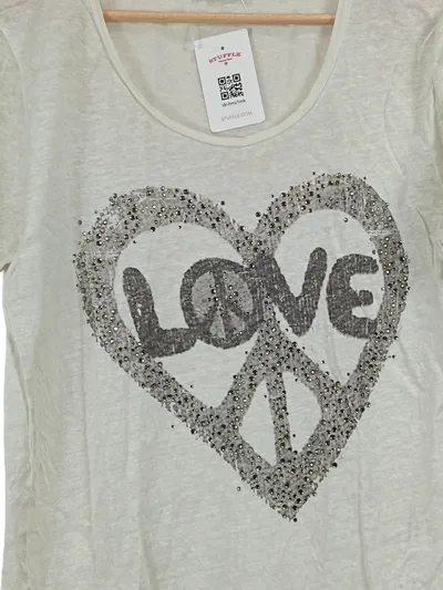 Rich & Royal Damen T-Shirt Gr. 40/L Beige Leinen Pailletten Love Peace