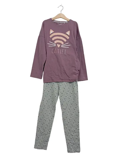 YIGGA Mädchen Schlafanzug Pyjama Set Katze CATIFI Gr. 146/152 Lila Grau