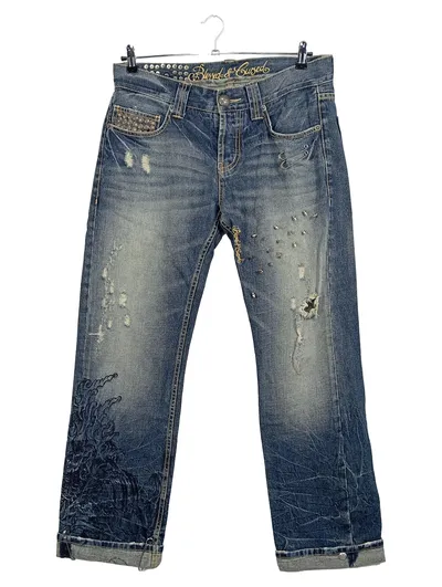 BLESSED & CURSED Destroyed Jeans Damen Gr. 44 Blau Nieten Stickerei