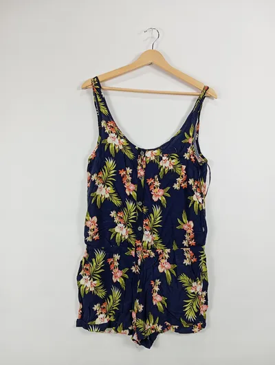 America Today Damen Jumpsuit mit Blumenmuster Gr. 36/S Casual Blau Viskose