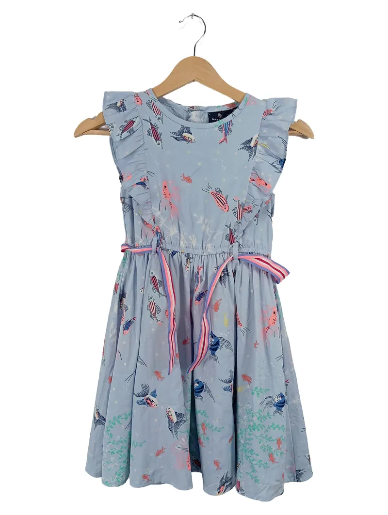 BASEFIELD Mädchen Sommerkleid Rüschen Fischmuster Blau Gr. 128/134 1