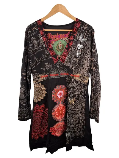 Desigual Damen Bluse Langarm Ethno Stickerei Baumwolle Schwarz XXL