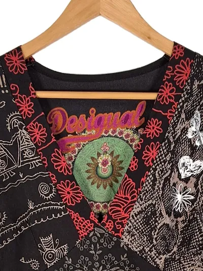 Desigual Damen Bluse Langarm Ethno Stickerei Baumwolle Schwarz XXL