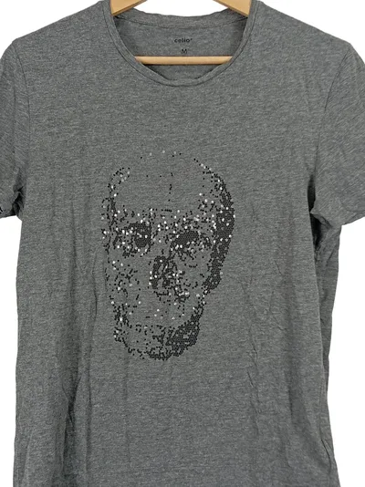 celio* Damen T-Shirt Totenkopf Pailletten Grau Gr. 38/M Streetwear