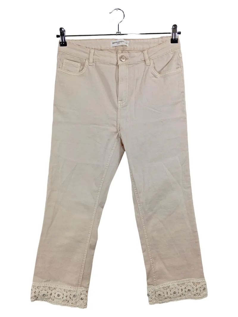 Encuentro Damen Stoffhose Beige Gr. 40 L24 Spitze Häkelei Strass 1