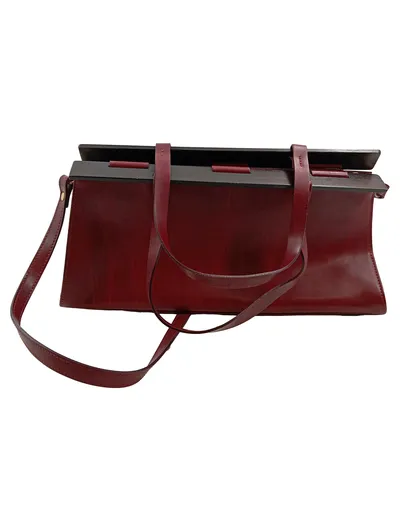 Ripani Damen Henkeltasche Bordeaux Rot Leder Holzrahmen Elegant Made in Italy