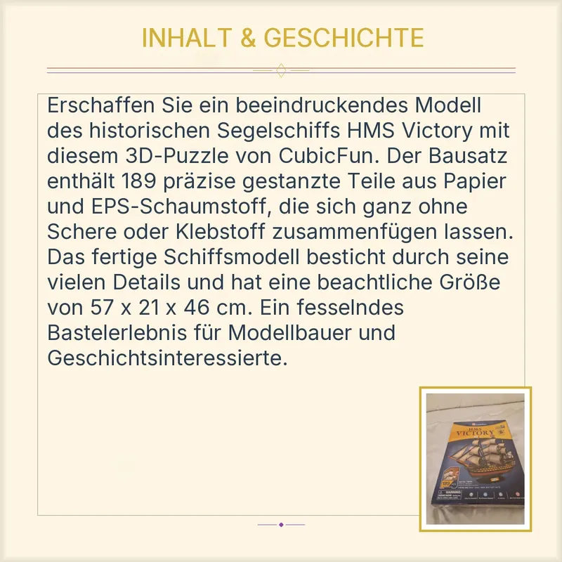 CubicFun HMS Victory 3D Puzzle Modellbausatz Schiff 189 Teile 3