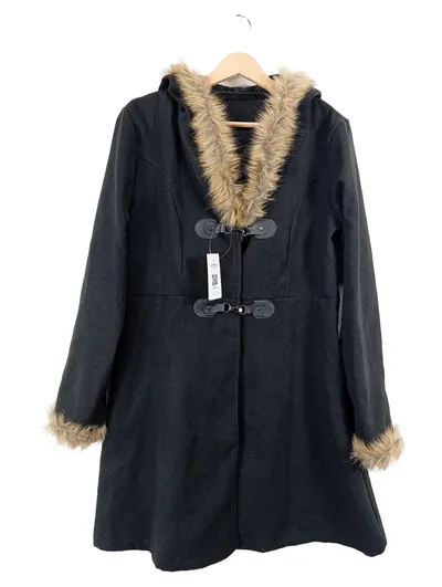 Damen Wintermantel Schwarz XL Kapuze Kunstfell Wollmantel Elegant
