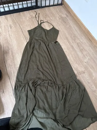 VERO MODA Damen Maxikleid Sommerkleid Oliv Gr. S Boho Trägerkleid