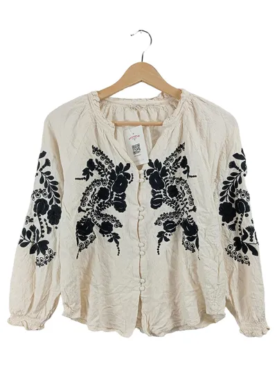 FatFace Damen Bluse Beige Gr. 36 S Florale Stickerei Bohemian Casual Viskose