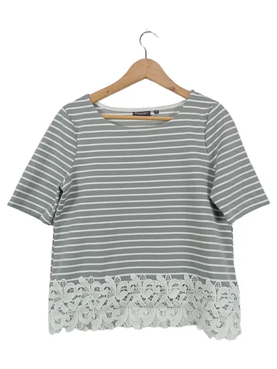 BROADWAY Damen T-Shirt 38;M Grau Gestreift mit Spitze Kurzarm