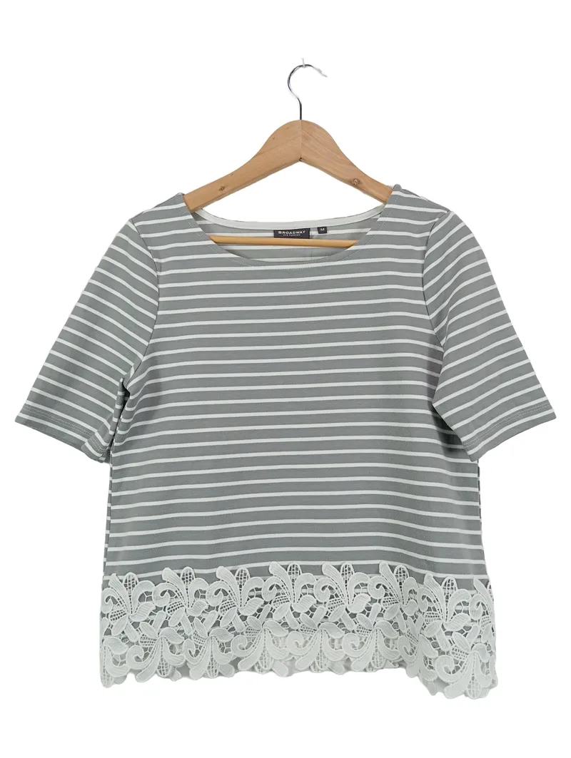 BROADWAY Damen T-Shirt 38;M Grau Gestreift mit Spitze Kurzarm 1
