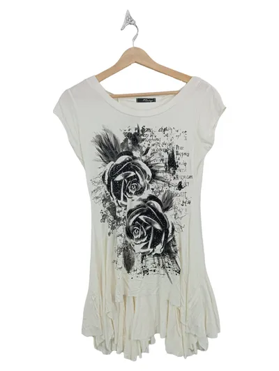 Jane Norman Damen T-Shirt Gr. 38 M Weiß Viskose Rosenprint Feminin