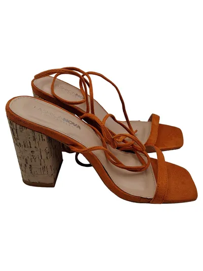 Fashion Nova Schnür-Sandaletten Korkabsatz Damen Elegant Orange Gr. 38