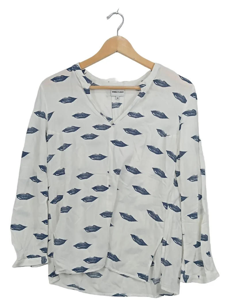 Bimba y Lola Damen Bluse Grafik Muster Langarm Weiß Gr. 38 M 1