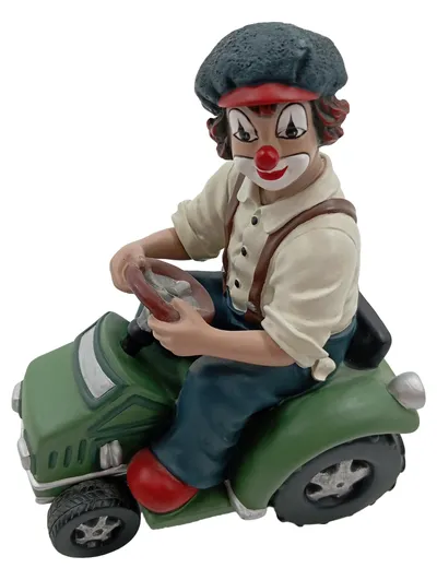 GILDE Handwerk Dekofigur Clown auf grünem Traktor Porzellan 15cm Mehrfarbig