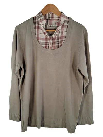 CASHMASOFT Pullover Damen Gr. 46 Beige 2-in-1 Optik Hemdkragen Kariert