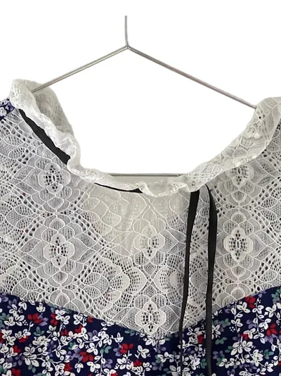 MiDNIGHT Damen Bluse Gr. 38/M Blau Blumenmuster Spitze Feminin