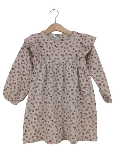 ZARA Freizeitkleid Mädchen Blumenmuster Rüschen Baumwolle Beige Gr. 110