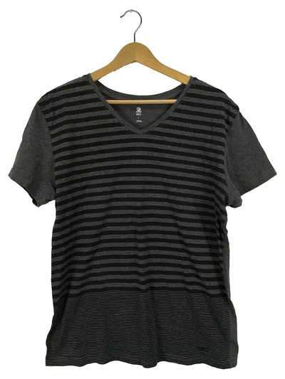 Adidas NEO Herren T-Shirt Gr. L Grau Schwarz Gestreift V-Ausschnitt