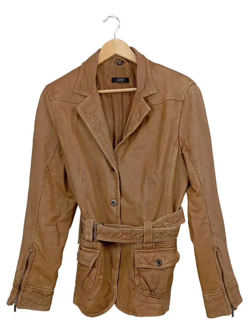 Aust Damen Lederjacke Braun Gr. 42 Casual Echtleder Gürtel 1