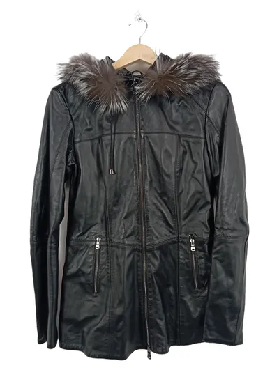 GIAN MORI Damen Lederjacke Schwarz Gr. 42, XL Kapuze Fellbesatz