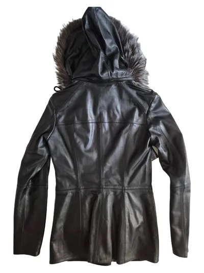 GIAN MORI Damen Lederjacke Schwarz Gr. 42, XL Kapuze Fellbesatz