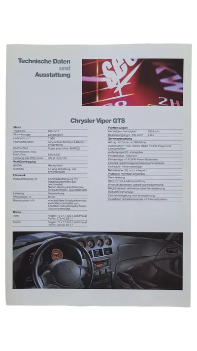Chrysler Viper GTS Technische Daten Broschüre Original Weiß Autozubehör